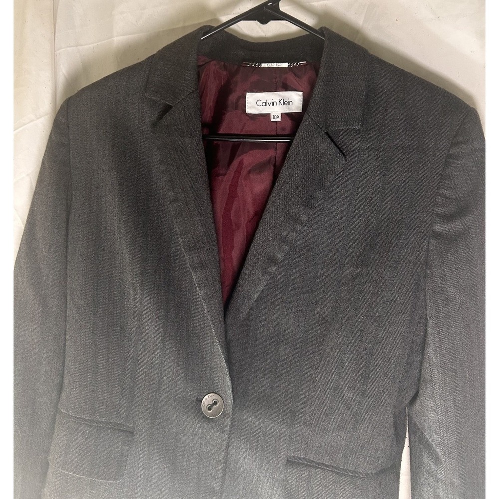 Calvin Klein Womens Suit Jacket 10P Petite Grey Herringbone 1-Button Stretch - Picture 3 of 9